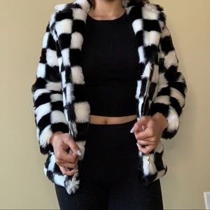 Dolls Kill Black and White Checked Fur Jacket